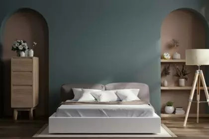 Cozy green bedroom with furniture decor accessories