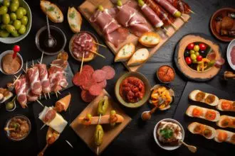 Pinchos and tapas typical of the Basque Country, Spain. Selection of different foods to choose from